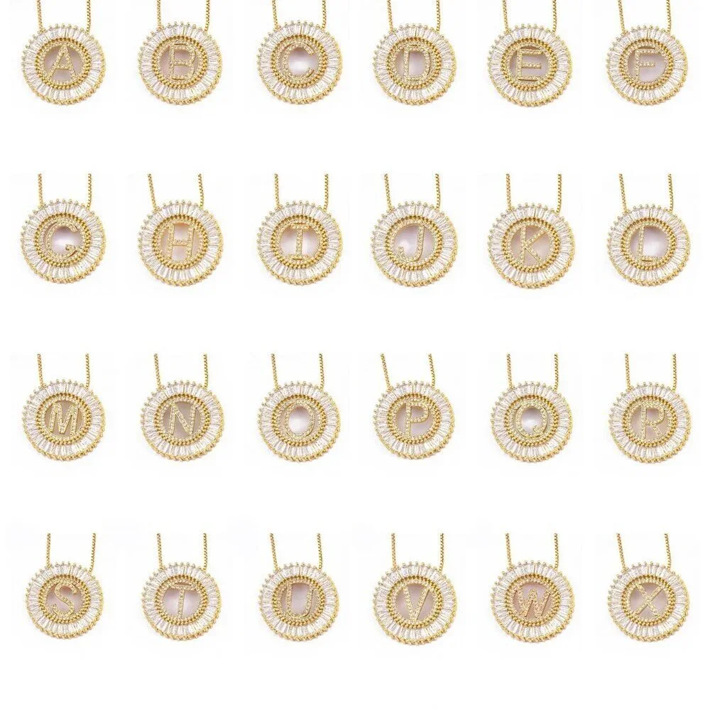 Yellow Gold Women's Large Letter Detail Cubic Zirconia Round Charm Necklace_3